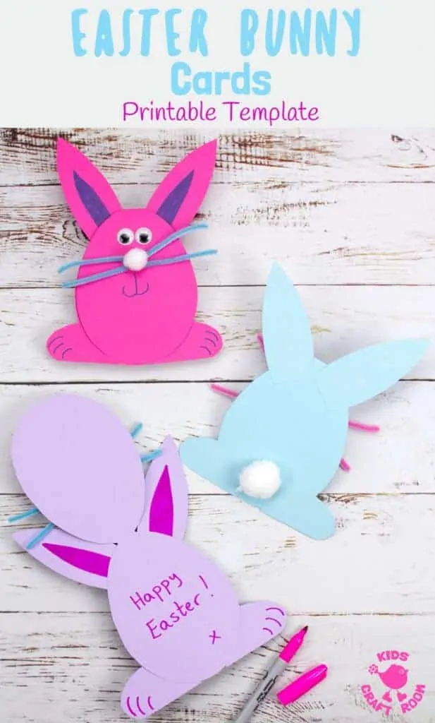 These Easy Easter Bunny Cards are the cutest! Download the printable template for a quick and adorable Easter craft for kids. This simple Easter Bunny craft is great for sharing with friends. #kidscraftroom #easterbunny #eastercrafts #eastercraftsforkids #printables #kidscrafts #eastercards