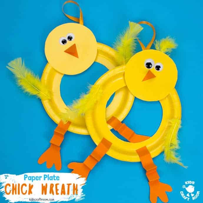 This Paper Plate Chick Wreath Craft is a perfect Spring craft or Easter craft for kids! This chick craft is very easy and looks so cute hanging on the door! Paper plate crafts are so fun! via #kidscraftroom #eastercrafts #easterchicks #chicks #springcrafts #springcraftsforkids #wreaths #wreathmaking #easterwreaths #paperplatecrafts #kidscrafts 