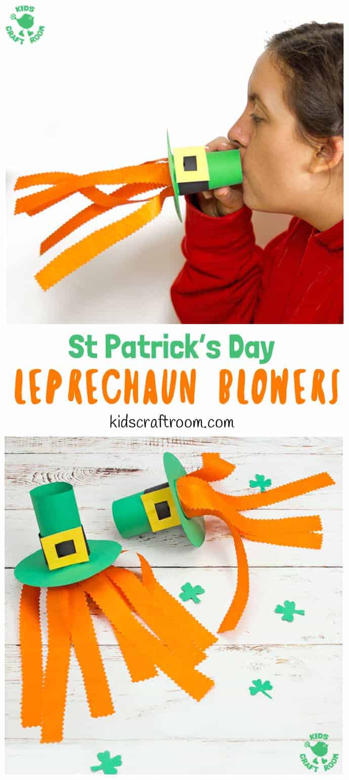 Try these Leprechaun Hat Blowers - A Fun St Patrick's Day Craft for kids! Blow into the leprechaun hat craft to make the orange beard streamers flutter and blow around!  #kidscraftroom #stpatricksdaycrafts #papercrafts #papercraftsforkids #leprechaun #kidscrafts #stpatricksdayactivities 