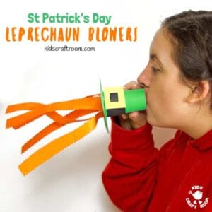 Try these Leprechaun Hat Blowers - A Fun St Patrick's Day Craft for kids! Blow into the leprechaun hat craft to make the orange beard streamers flutter and blow around!  #kidscraftroom #stpatricksdaycrafts #papercrafts #papercraftsforkids #leprechaun #kidscrafts #stpatricksdayactivities