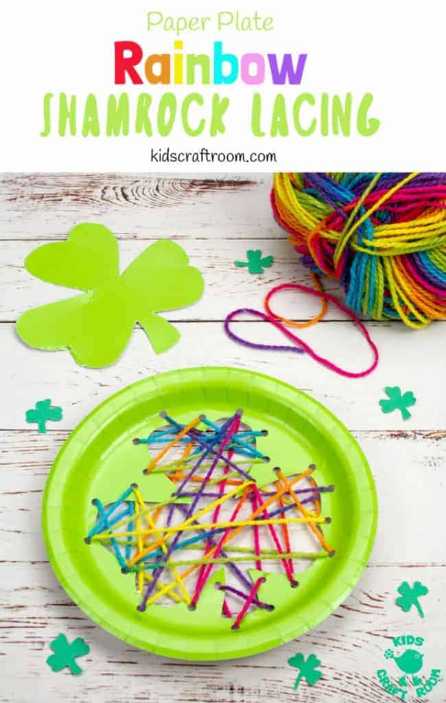 This paper plate St Patrick's Day Shamrock Lacing Craft is fun for kids to practise fine motor skills as they lace and sew a colourful rainbow shamrock leaf! An easy St Patrick's Day craft for kids. Paper plate crafts are so fun! #kidscraftroom #shamrock #stpatricksdaycrafts #stpatricksdaydecorations #paperplatecrafts #kidscrafts #preschoolcrafts