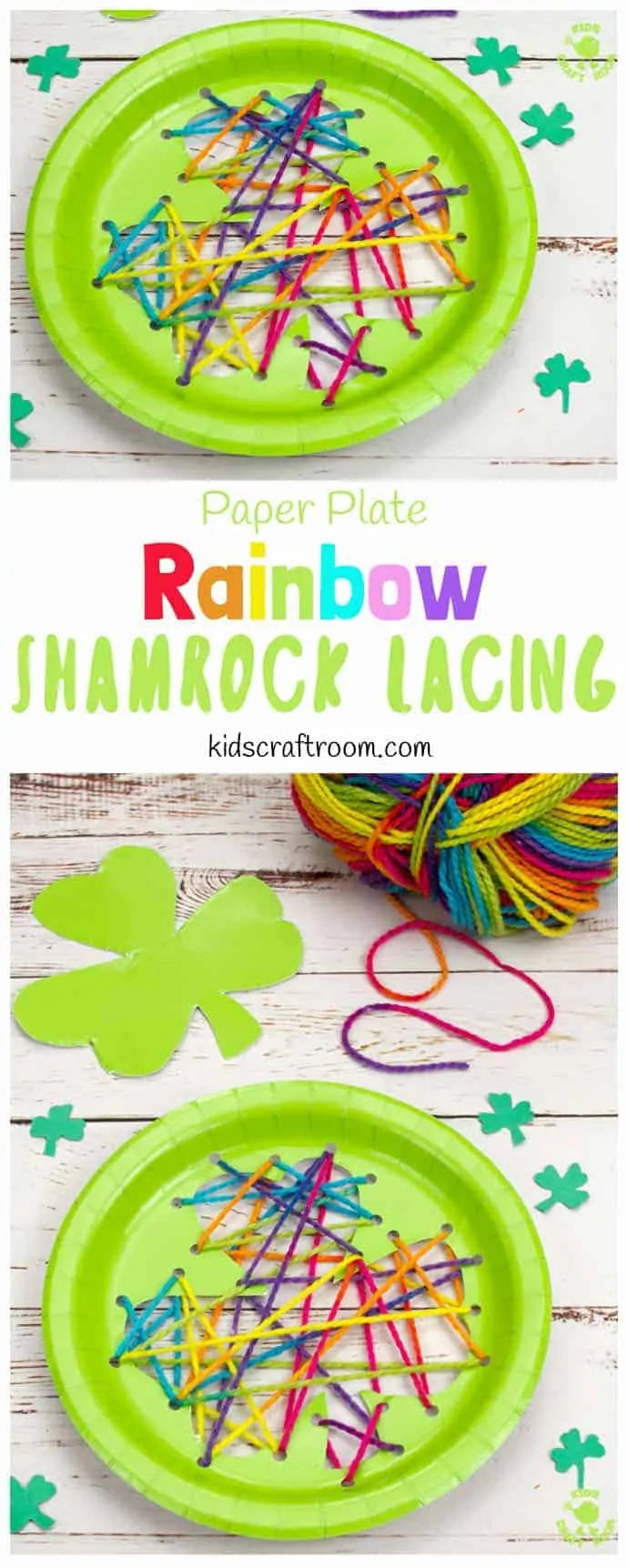 This paper plate St Patrick's Day Shamrock Lacing Craft is fun for kids to practise fine motor skills as they lace and sew a colourful rainbow shamrock leaf! An easy St Patrick's Day craft for kids. Paper plate crafts are so fun! #kidscraftroom #shamrock #stpatricksdaycrafts #stpatricksdaydecorations #paperplatecrafts #kidscrafts #preschoolcrafts