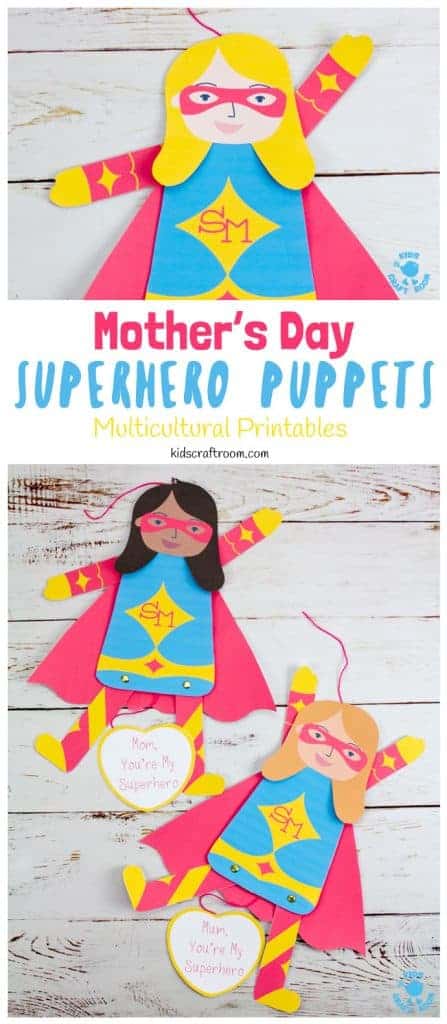 This printable Mother's Day Superhero Puppet craft is a great way to tell Mom or Mum she's super special! Pull the string at the bottom to make Supermom's arms and legs move. Such a fun Mother's Day craft and gift idea. (10 multicultural options to choose from.) #kidscraftroom #mothersday #mothersdaycrafts #superhero #mothersdaygifts #kidscrafts #printables #puppets
