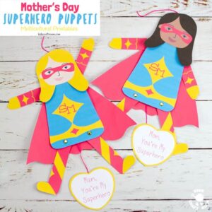 This printable Mother's Day Superhero Puppet craft is a great way to tell Mom or Mum she's super special! Pull the string at the bottom to make Supermom's arms and legs move. Such a fun Mother's Day craft and gift idea. (10 multicultural options to choose from.) #kidscraftroom #mothersday #mothersdaycrafts #superhero #mothersdaygifts #kidscrafts #printables #puppets