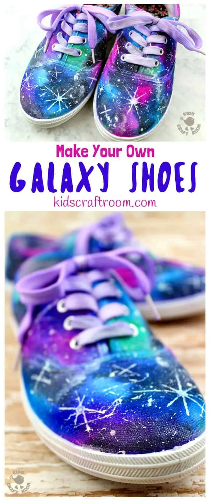 See how to make DIY Galaxy Shoes. They're totally cosmic! Such a fun space craft for kids and grown-ups. This is an easy Sharpie craft you'll be over the moon with! #kidscraftroom #kidscrafts #Sharpiecrafts #space #shoes #teencrafts #tweencrafts #kidsactivities