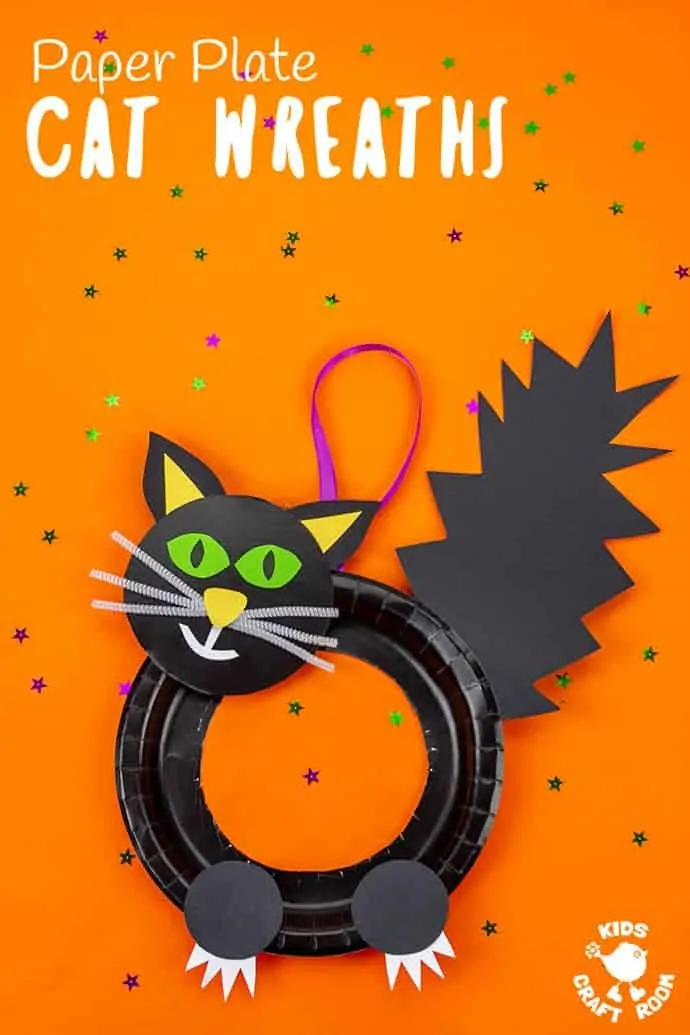 Halloween Black Cat Wreath Craft showing a tall image with one black witches cat