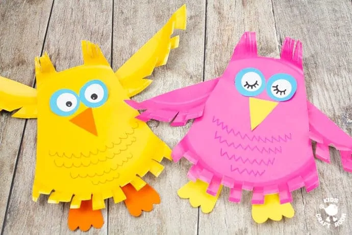 Paper Plate Owl Craft in pink and yellow