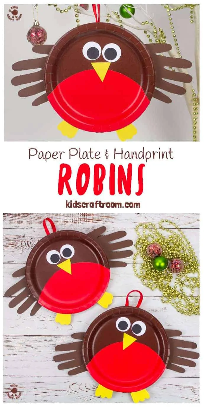 A collage showing 3 Paper Plate Robin Crafts. One is hanging on the Christmas tree and the other two are lying flat.