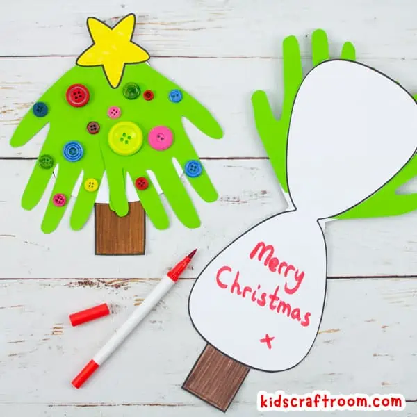 A Christmas card made from green paper handprints and decorated with colourful buttons.