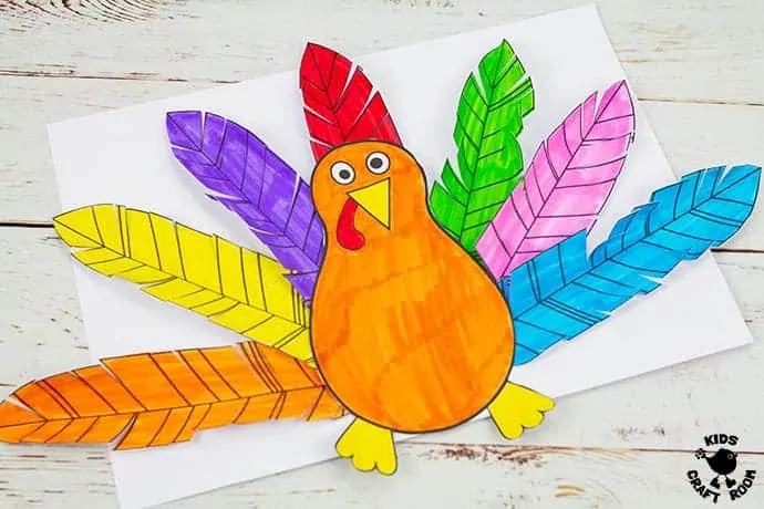 A close up of a Paper Feathered Turkey Craft showing how the feathers have been cut all around the edges.