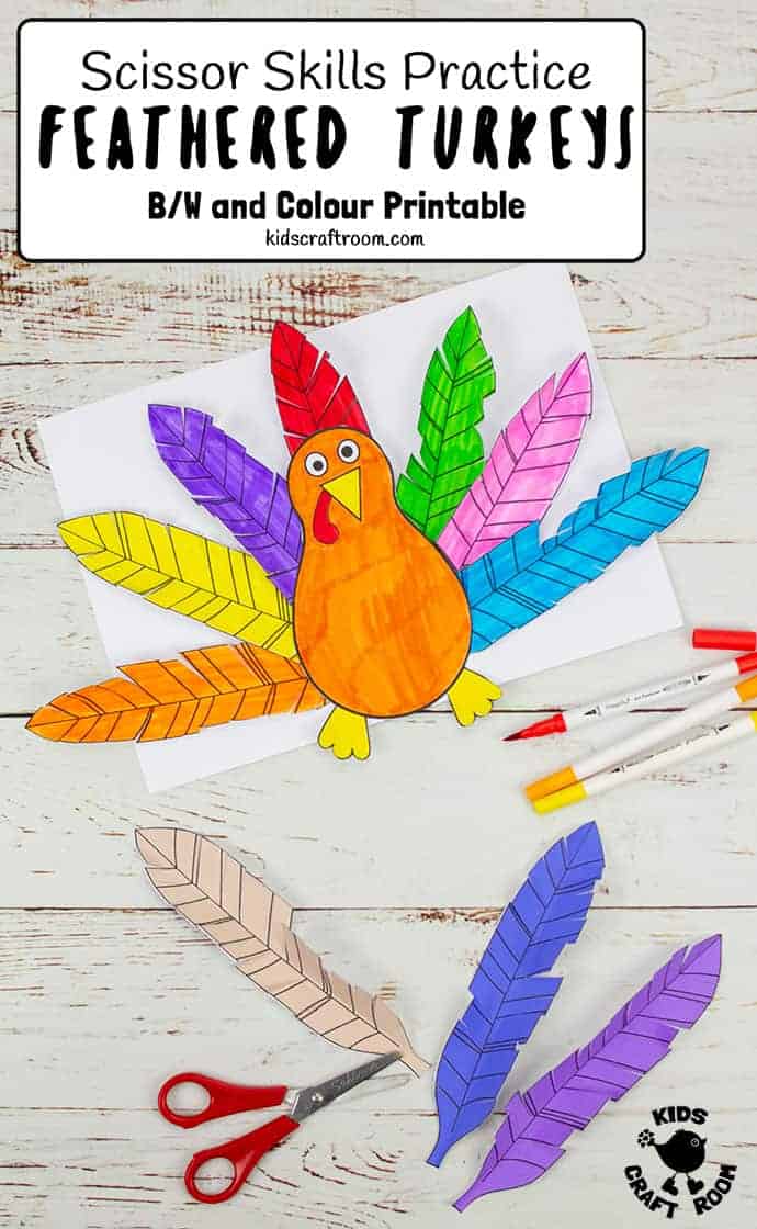 Paper Feathered Turkey Craft and Scissor Practice Activity pin 2
