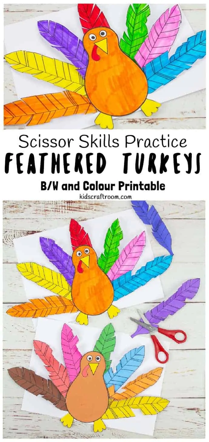 Paper Feathered Turkey Craft and Scissor Practice Activity pin 1.