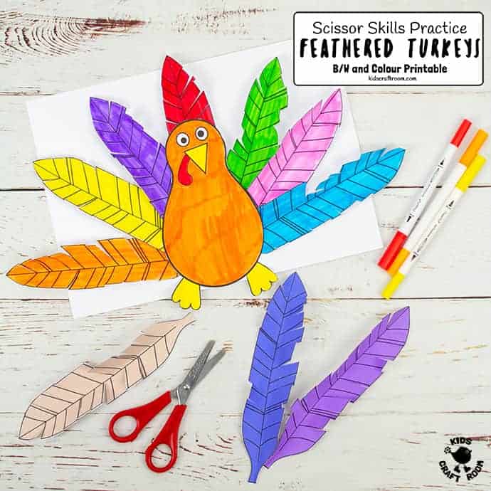 Paper Feathered Turkey Craft and Scissor Practice Activity pin 3