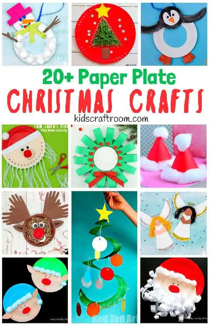 A collage of lots of Paper Plate Christmas Crafts for kids.