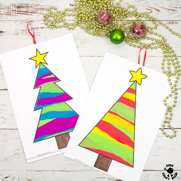 A close up of two Tissue Paper Christmas Tree Suncatcher Craft showing how the coloured tissue paper overlaps.