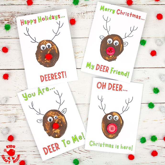 4 potato print Christmas cards with reindeer puns written on them.