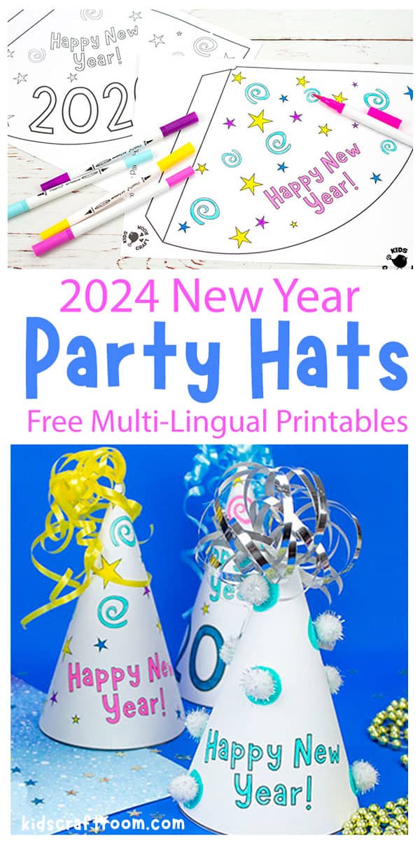 A collage showing a selection of Free Printable New Year's Eve Party Hats.