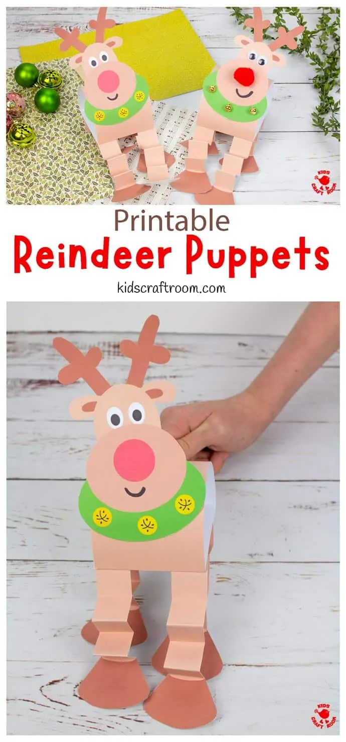 A Reindeer Puppet Printable Craft that has been constructed and is being walked along by a hand holding its handle at the back.