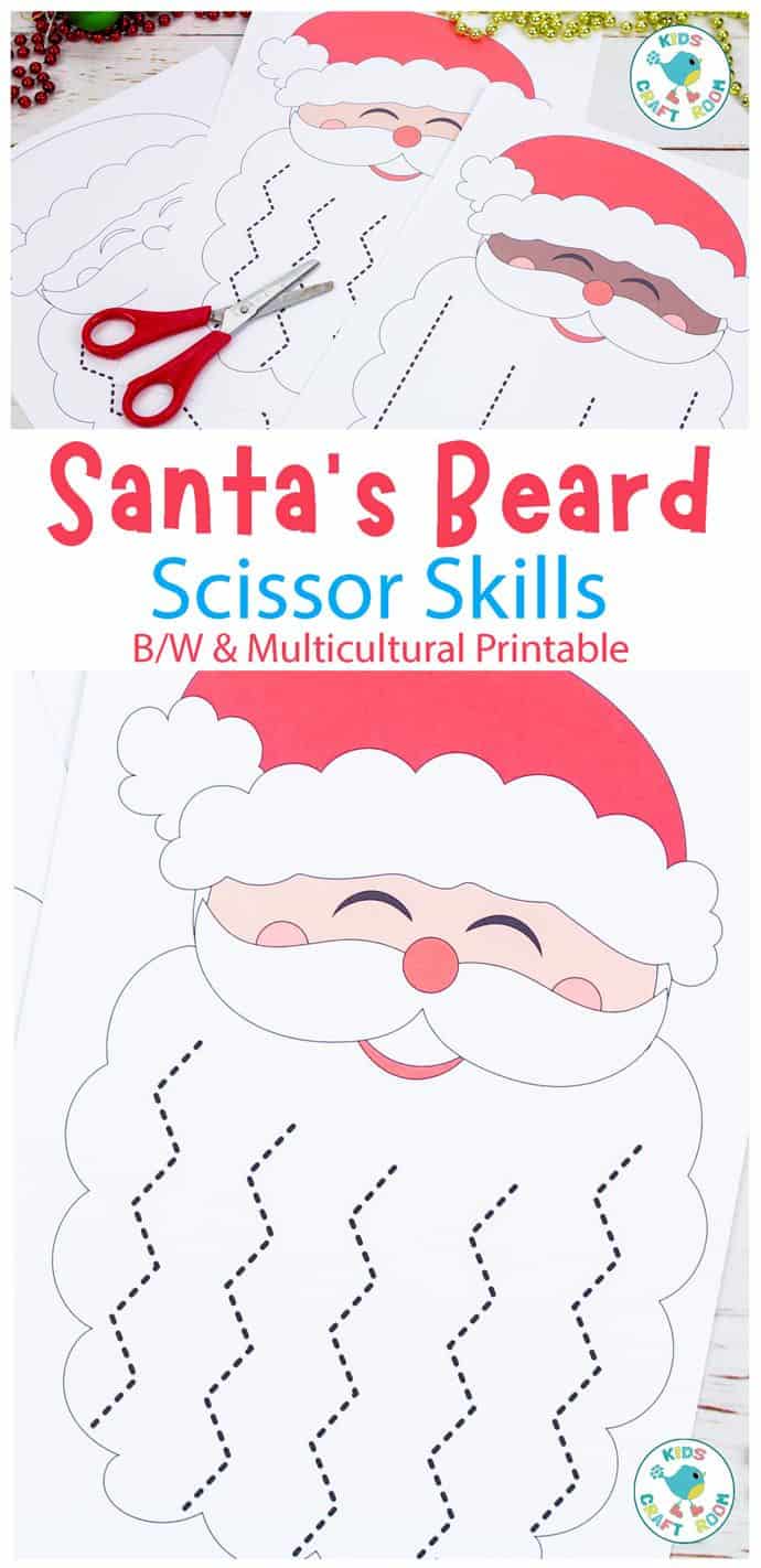 Santa's Beard Christmas Scissor Skills Activity pin image 1. Showing a close up of a printed Santa with dotted cutting lines running up his beard for kids to cut along.