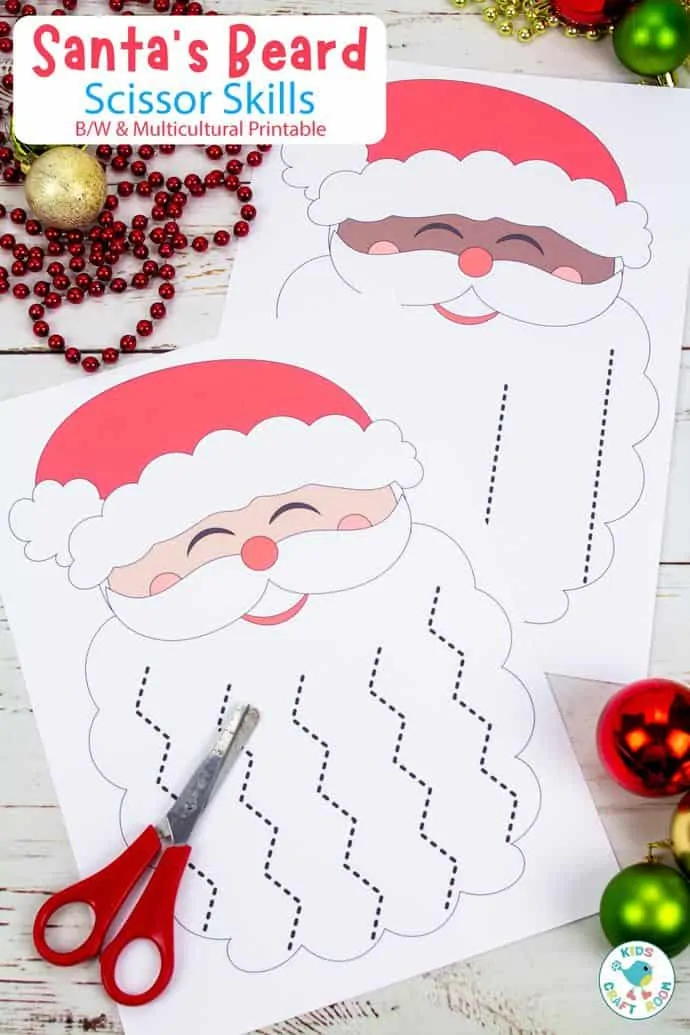 Santa's Beard Christmas Scissor Skills Activity pin image 2. Showing a white and a black Santa.