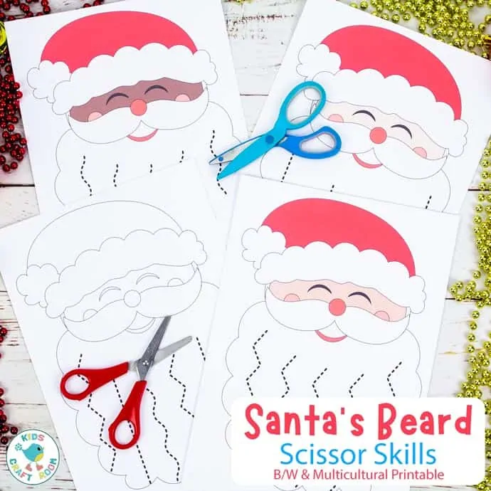 4 Santa's Beard Christmas Scissor Skills Activities. Each has different coloured skin and cutting lines for kids to follow.