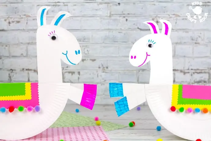 Rocking Paper Plate Llama Craft -finished, two facing each other.