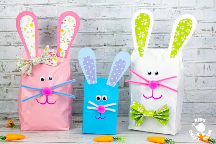 Stuffed Paper Bag Bunny Craft in a row.