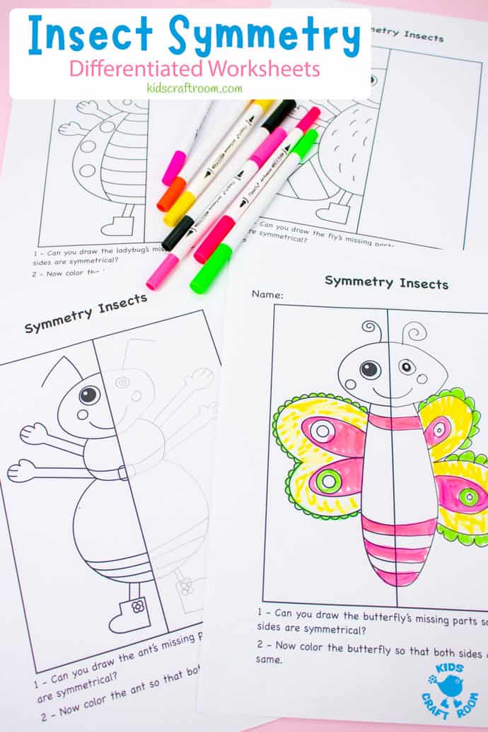 ant and butterfly symmetry worksheets and colouring pens on a pink table top.