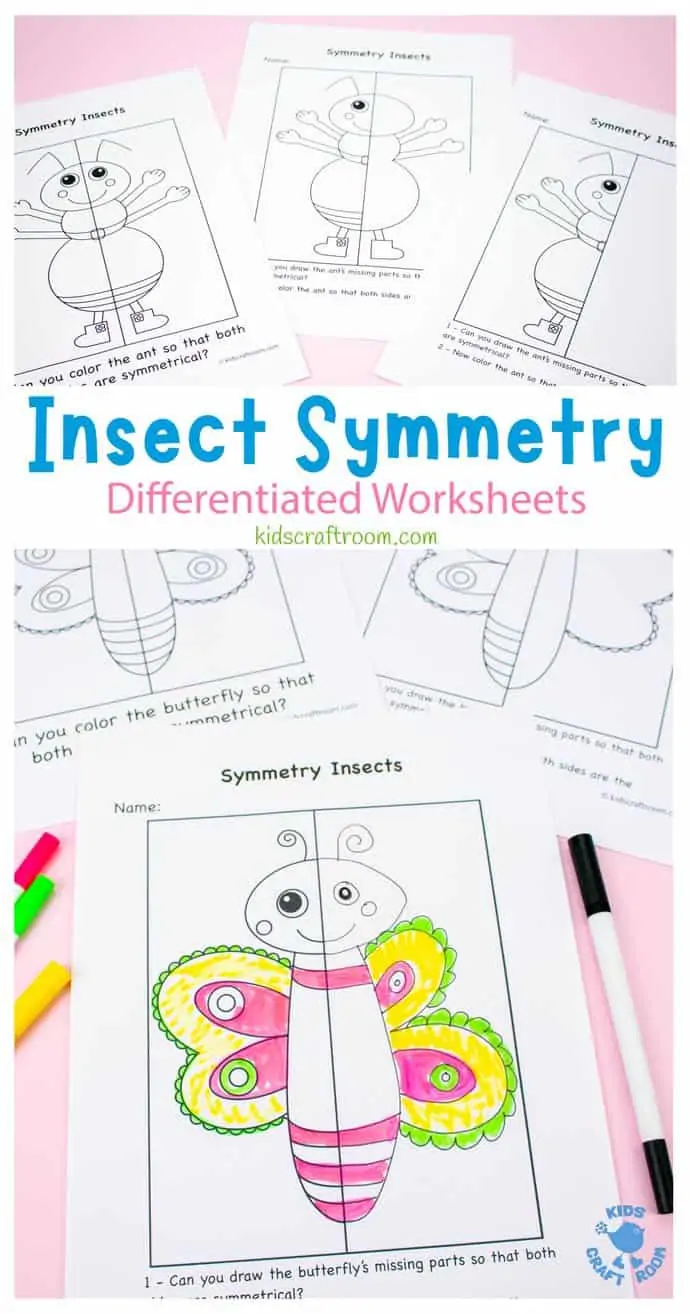 Ant and butterfly insect symmetry worksheets on a pink backdrop.