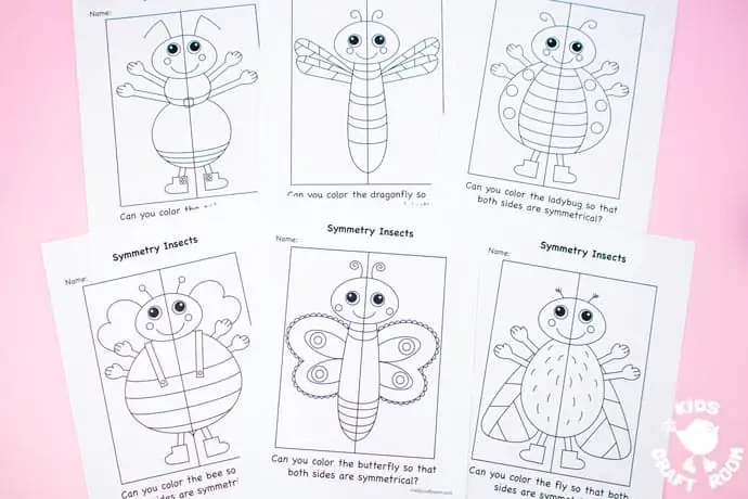 6 different insect symmetry worksheets. An ant, bee, ladybug, dragonfly, fly and butterfly. All laying on a pink backdrop.