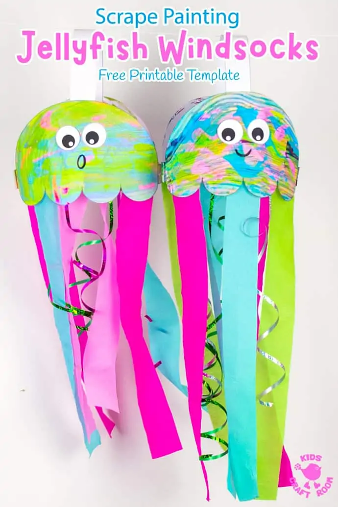 Scrape Painted Jellyfish Windsock Craft pin 3. Two jellyfish windsocks hanging from a string.