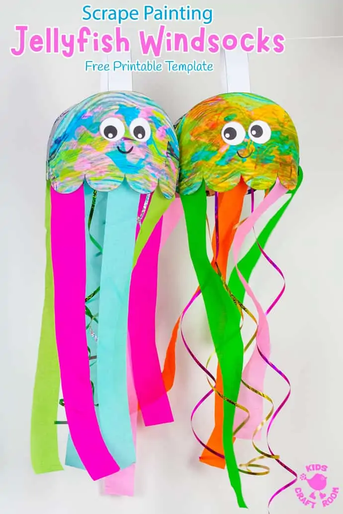 2 Scrape Painted Jellyfish Windsock Crafts hanging up side by side. 