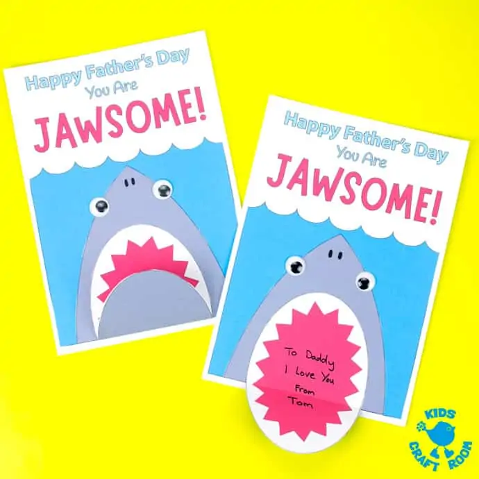 Shark Father's Day Cards on a yellow table top. Square image.