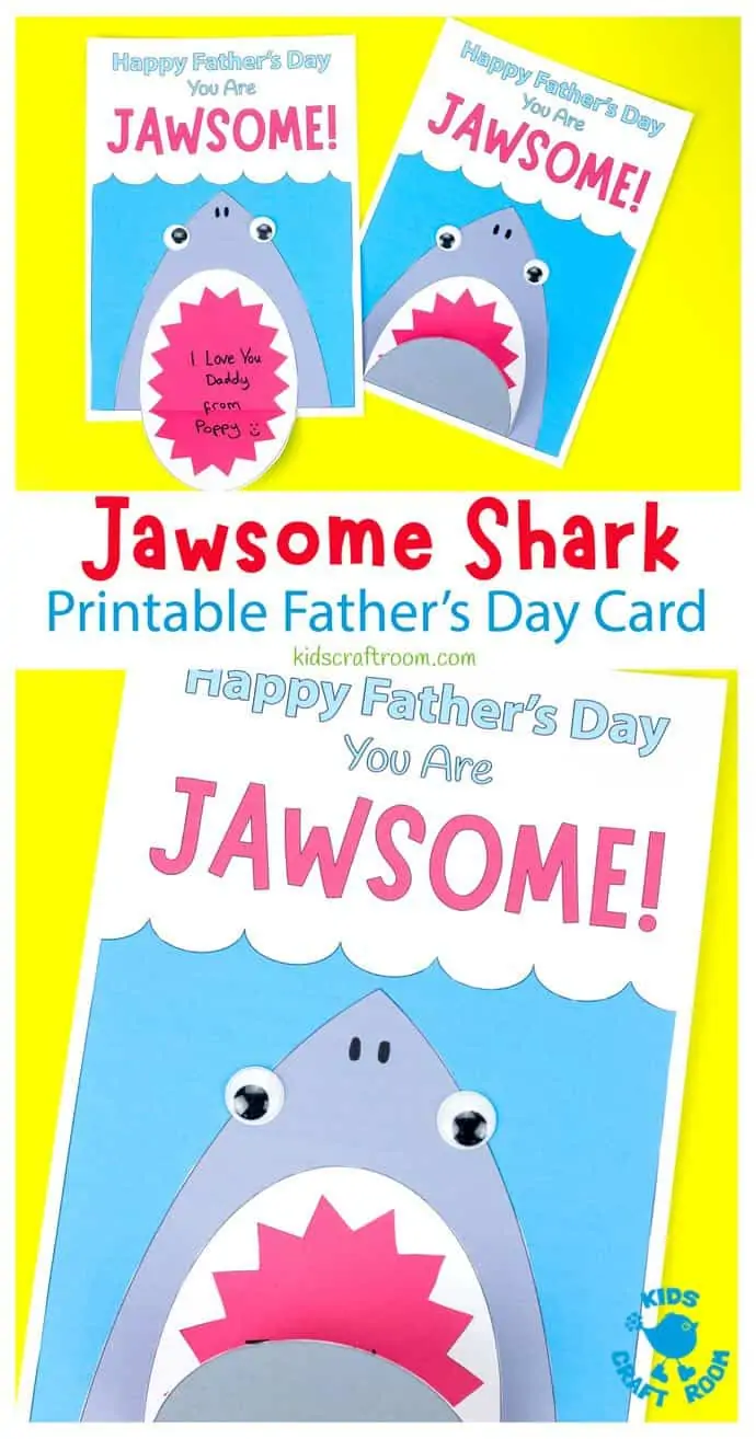 Shark Father's Day Card on a yellow table top. Pin image 1.