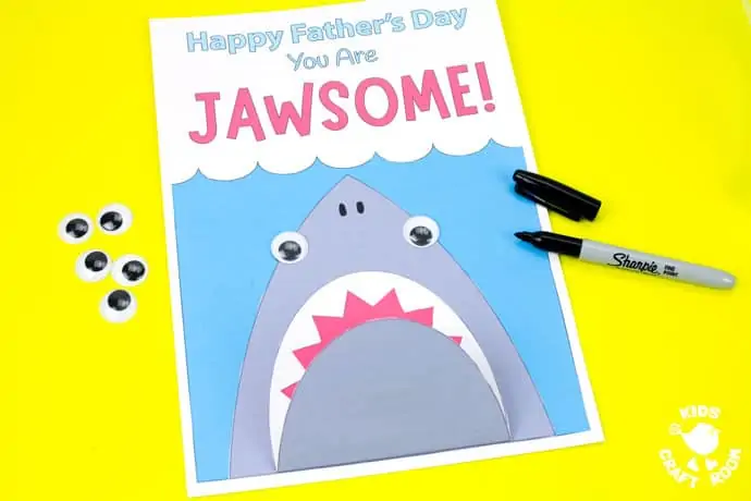 Shark Father's Day Card on a yellow table top. Step 8.