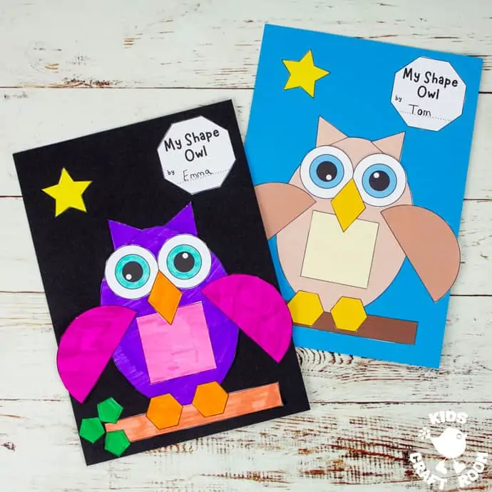 Two Shape Owl Crafts on a wooden table top.
