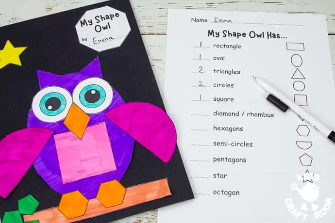 Shape Owl Craft and worksheet on table top.