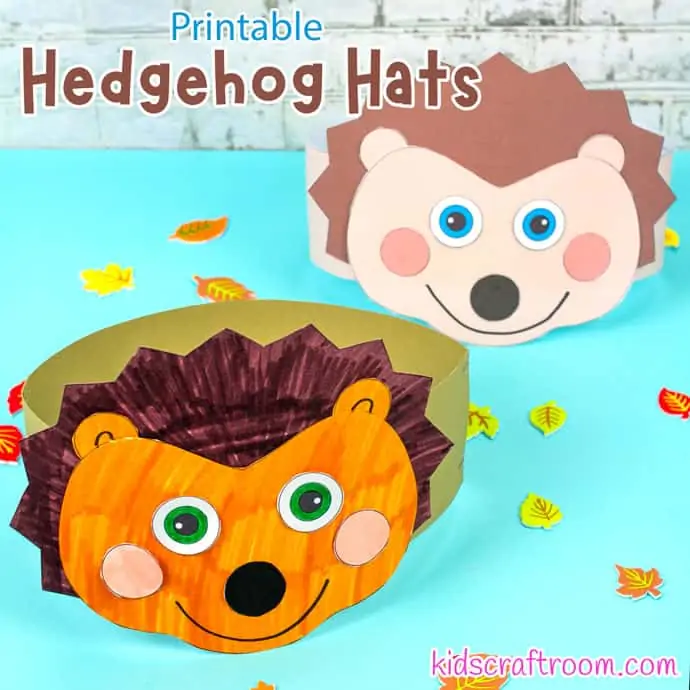 Hedgehog Hat Craft - 2 finished hats on a blue table top.