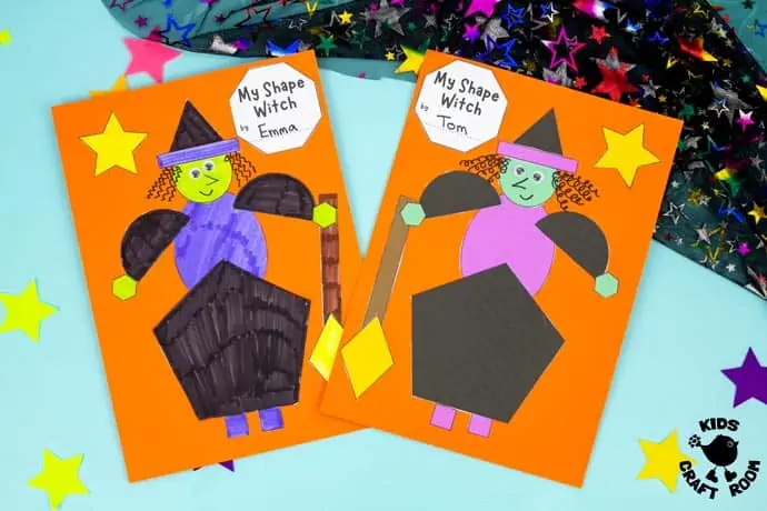 Shape Witch - Math Halloween Craft on blue table top.