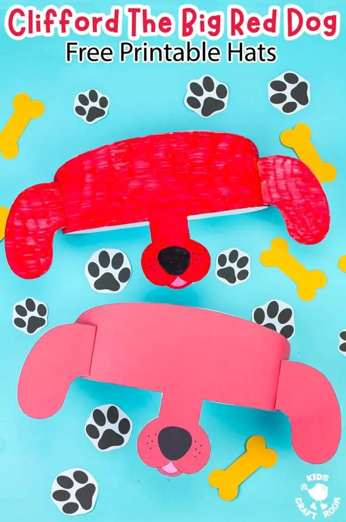 Portrait image of two Clifford The Big Red Dog hats lying on a blue table top surrounded by paper dog footprints and bones. Overlaid with the text "Clifford The Big Red Dog Free Printable Hats".