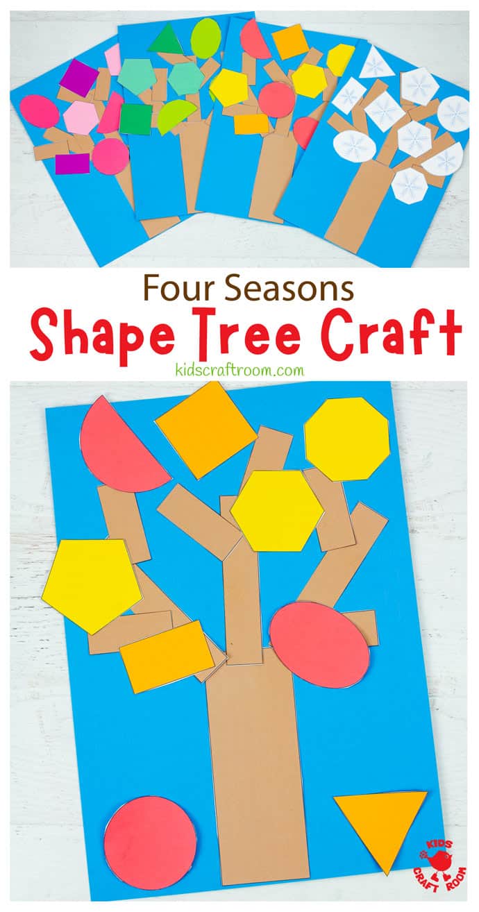 Tall image showing 4 seasons of tree crafts in a fan. Blow that is the text "Shape Tree Craft". Below that is a close up of an autumn shape tree with shape leaves in red, orange and yellow.