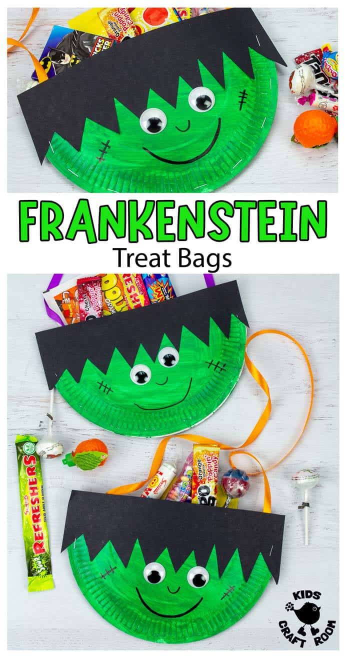 Photo collage of Paper Plate Frankenstein Treat Bags filled with sweets, on a white table top.
