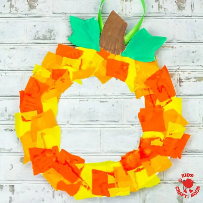 Paper Plate Pumpkin Wreath Craft square image.