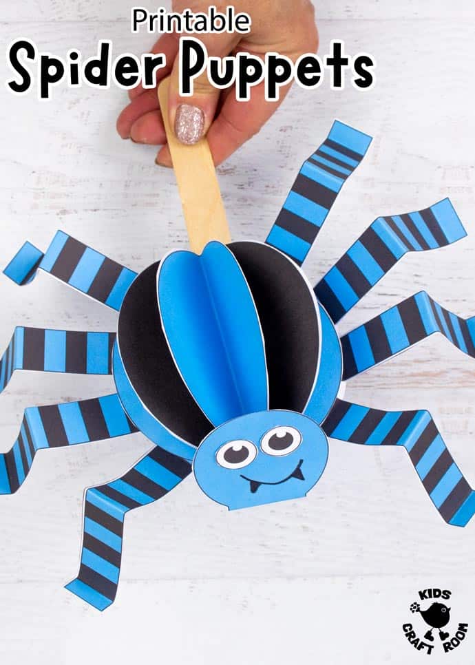 Blue spider puppet being held in a hand. Text says printable spider puppets.