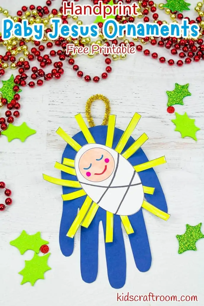 Everyone will love this Handprint Baby Jesus Ornament Craft. It's so adorable! This religious Christmas craft is really easy to make with the free printable template. Hang them as ornaments on your Christmas tree or glue them onto cardstock to make Baby Jesus Christmas Cards. #kidscraftroom 