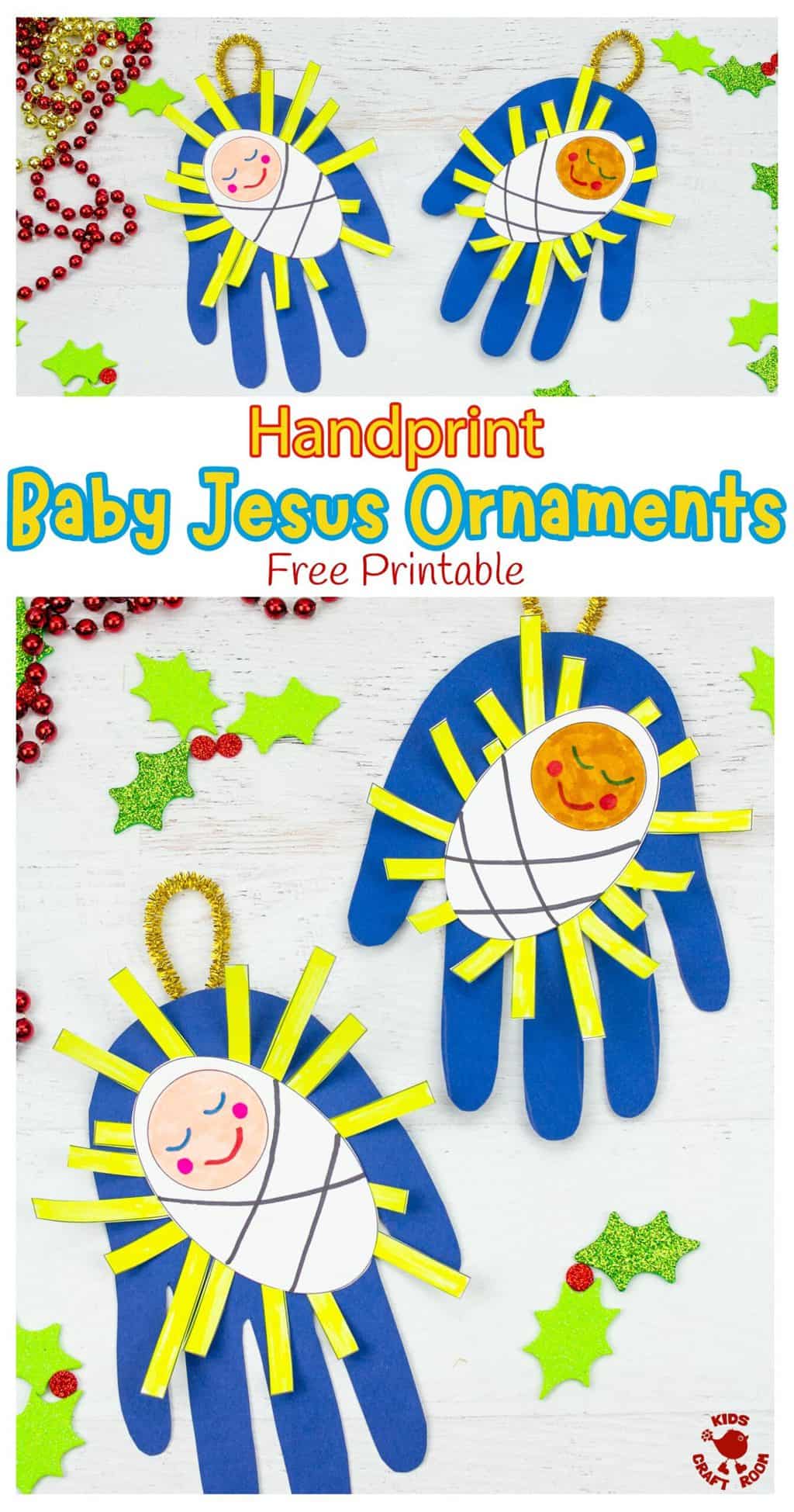 4 Handprint Baby Jesus Ornament Crafts lying on white table top surrounded by glittered holly leaves and red and gold Christmas bead garlands. 