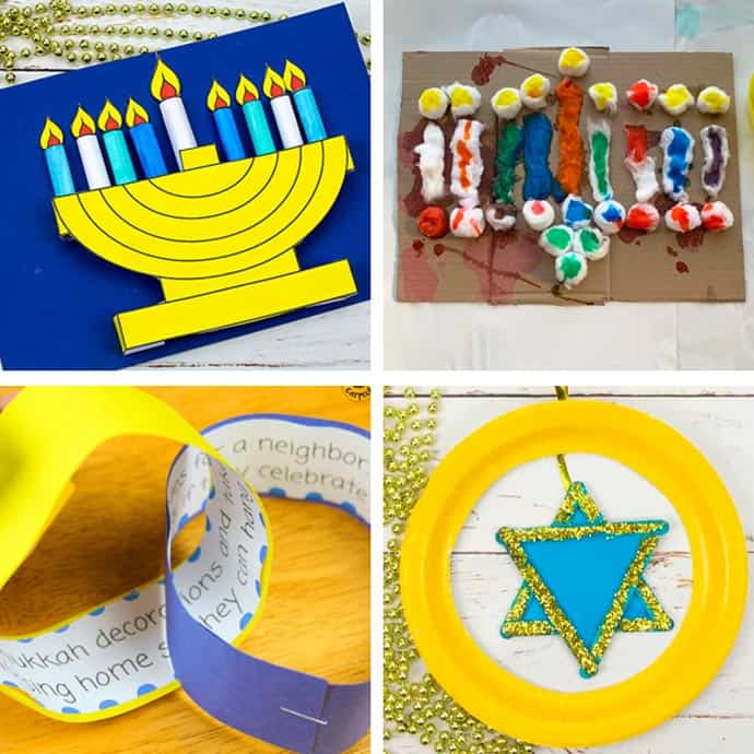Collage of kids Hanukkah crafts 1 -4.