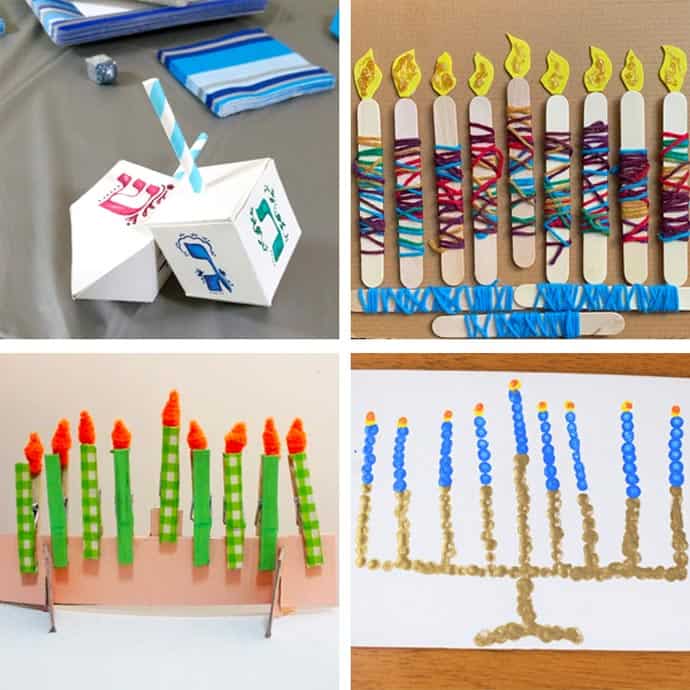 Collage of kids Hanukkah crafts 5-8.