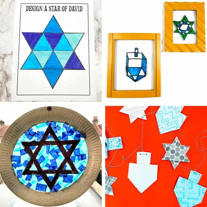 Collage of kids Hanukkah crafts 13-16.
