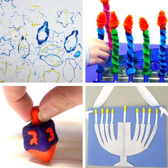 Collage of kids Hanukkah crafts 17-20.